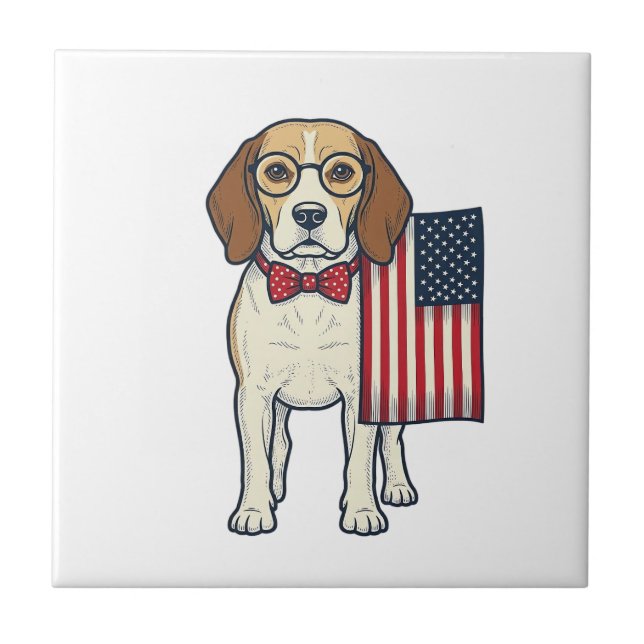 Azulejo Beagle Patriótico con Bandera Arte Vectorial Vinta (Frente)