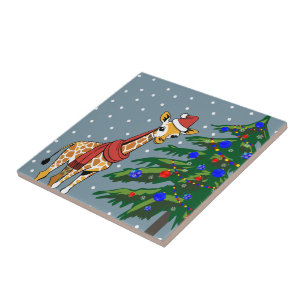 Azulejo Beanie de jirafa y bufanda con árbol de Navidad