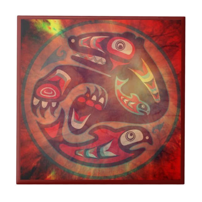 Azulejo Bear Comer Salmon Tile Nativo Estadounidense (Frente)