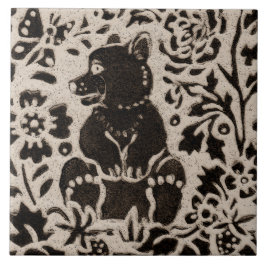 Azulejo Bear Cub Batik Stoneware Woodland Animal Tan Gray