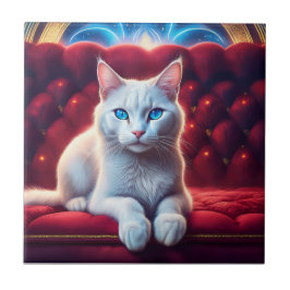 Azulejo Beautiful Blue Eyed Albino Cat On Exotic Red Sofa