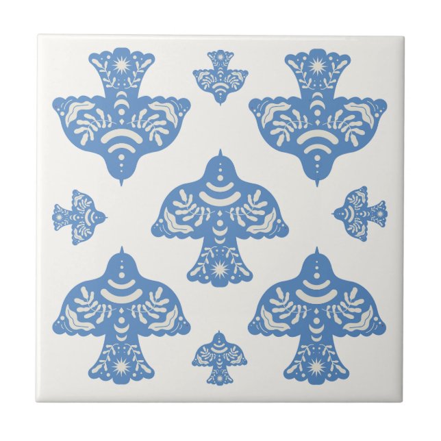 Azulejo Beautiful classic folk art birds cream white Blue (Frente)