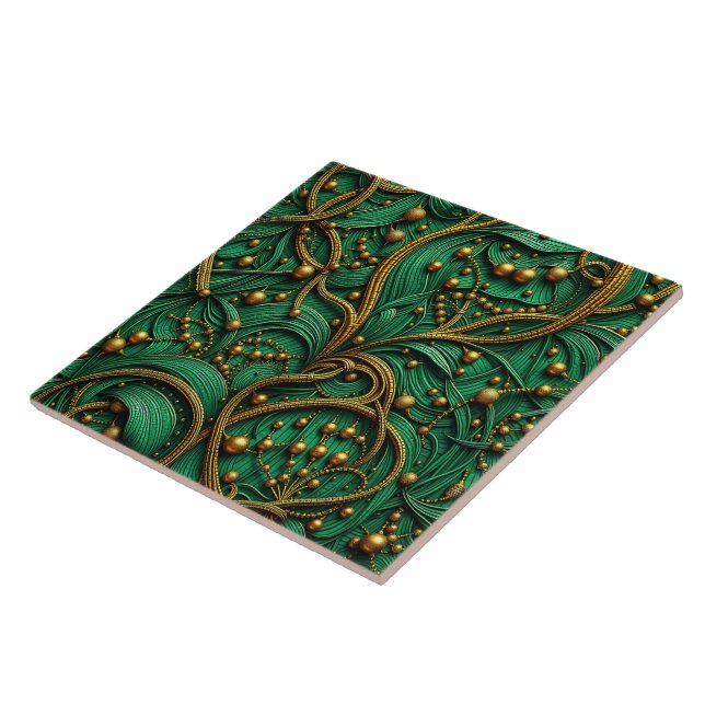 Azulejo Beautiful Green & Gold Floral and Beads Abstract (Lado)