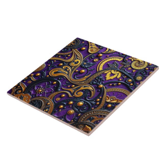 Azulejo Beautiful Purple Black Gold Floral Abstract (Lado)
