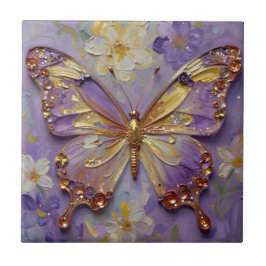 Azulejo Beautiful Purple Butterfly and Flowers