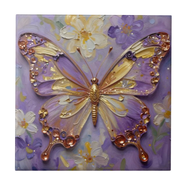 Azulejo Beautiful Purple Butterfly and Flowers (Frente)