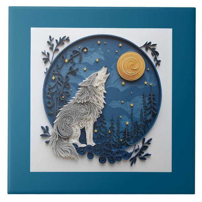 Azulejo Beautiful Stylish Grey Wolf Howling at the Moon (Frente)