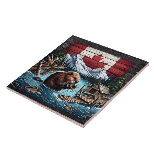 Azulejo Beaver reuniendo ramas cerca de las montañas canad (Lado)