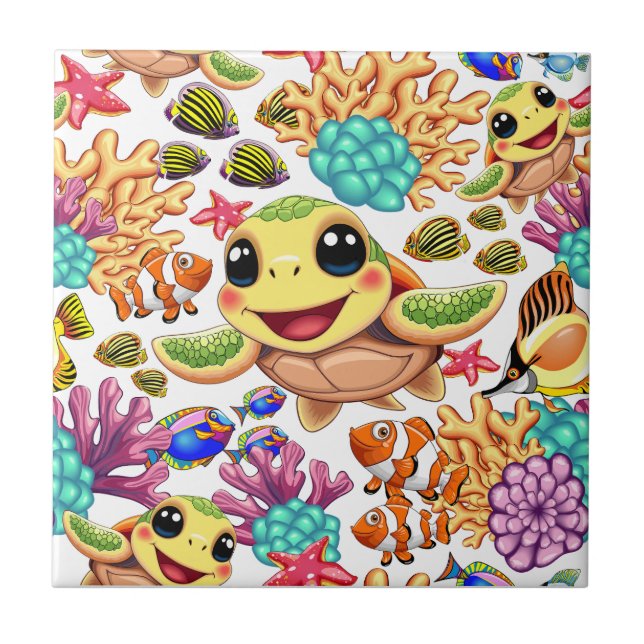 Azulejo Bebé de tortuga marina feliz y con carácter (Frente)