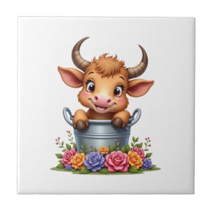 Azulejo Bebé lindo de vaca Highland con flores Ternero Ani