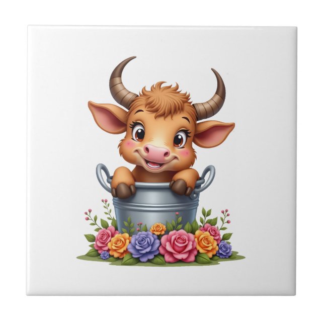 Azulejo Bebé lindo de vaca Highland con flores Ternero Ani (Frente)