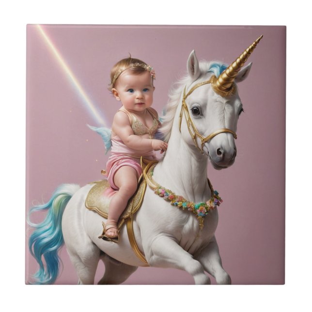 Azulejo Bebé montando un unicornio (Frente)