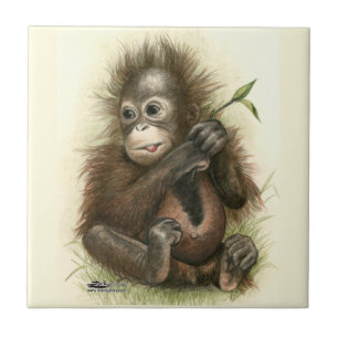 Azulejo Bebé orangután con hojas