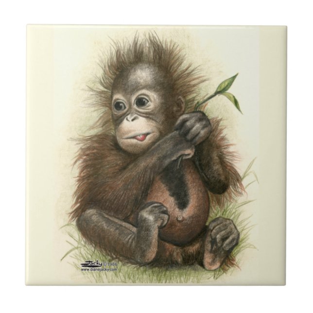 Azulejo Bebé orangután con hojas (Frente)