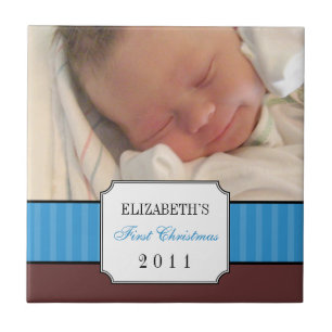 Azulejo Bebé primera Navidad tira de cinta azul keepsake