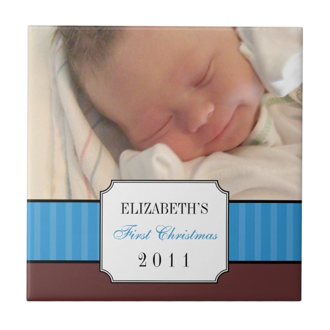 Azulejo Bebé primera Navidad tira de cinta azul keepsake (Frente)