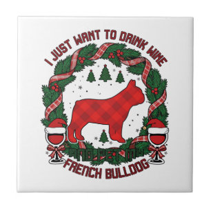 Azulejo Bebe Vino Bulldog Francés Perro Cuadro Rojo Navida