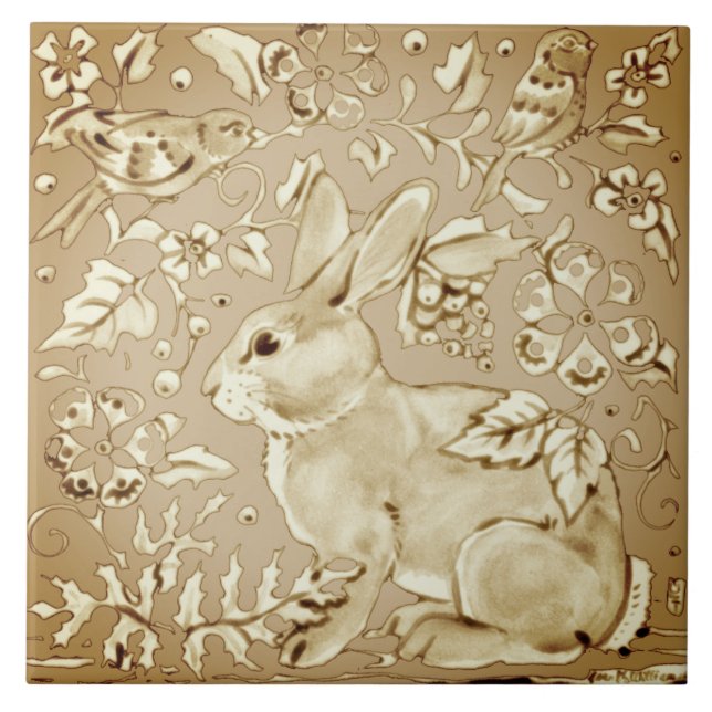 Azulejo Beige Brown Ivory Bunny Rabbit Bird Floral Leaf (Frente)