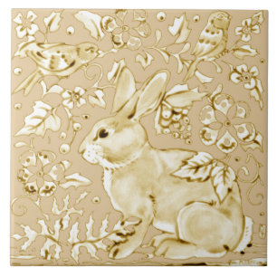 Azulejo Beige Ivory Bunny Rabbit Bird Floral Leaf Scroll