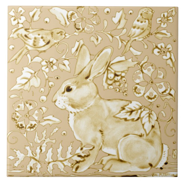 Azulejo Beige Ivory Bunny Rabbit Bird Floral Leaf Scroll (Frente)