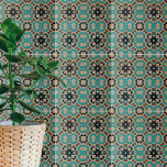 Azulejo Beige Verde azulado negro geométrico mosaico de as<br><div class="desc">Diseño de baldosas decorativas único con un patrón impecable de formas geométricas en verde azulado y negro sobre un fondo texturado de piedra beige.</div>