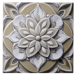 Azulejo Beis Faux Relief Flor Floral simétrica