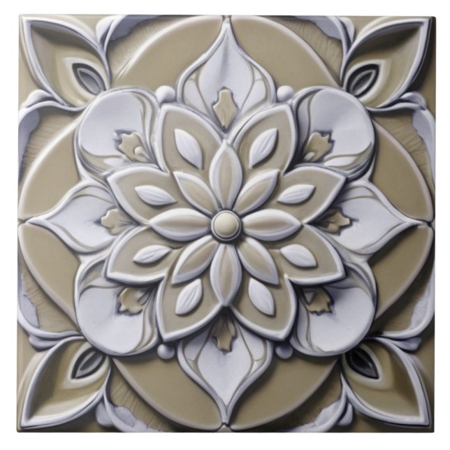 Azulejo Beis Faux Relief Flor Floral simétrica (Frente)