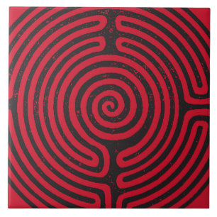 Azulejo Bella Artes del laberinto del círculo negro (rojo)