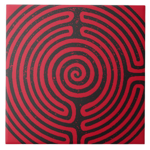 Azulejo Bella Artes del laberinto del círculo negro (rojo)