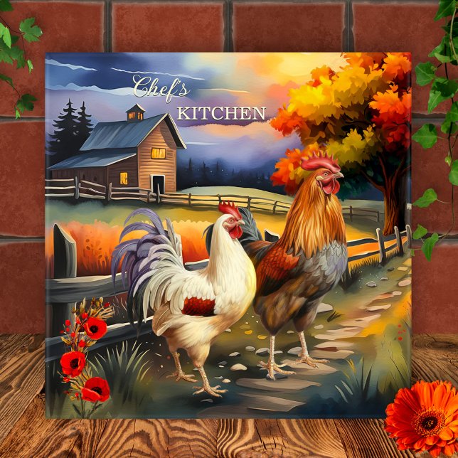 Azulejo Bella Artes Rooster Farm Kitchen Tile (Kitchen tile featuring a colorful fine art painting of a rooster and chicken)