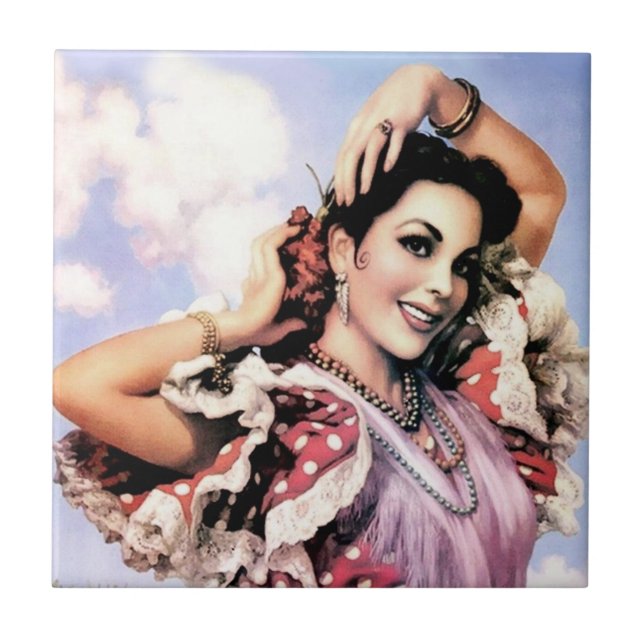 Azulejo Bella bailarina española de flamenco en punto rojo (Frente)
