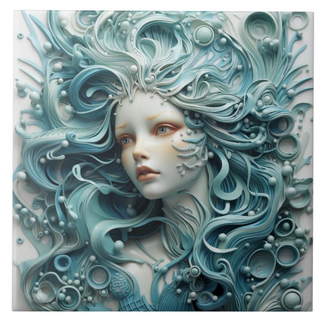 Azulejo Belleza etérea, sirena de cabello azul detallada (Frente)