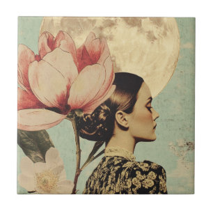 Azulejo Belleza iluminada por la luna - Mujer con flores r