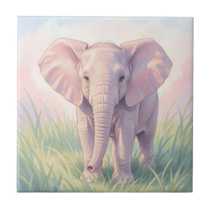 Azulejo Bello elefante bebé en prado pastel