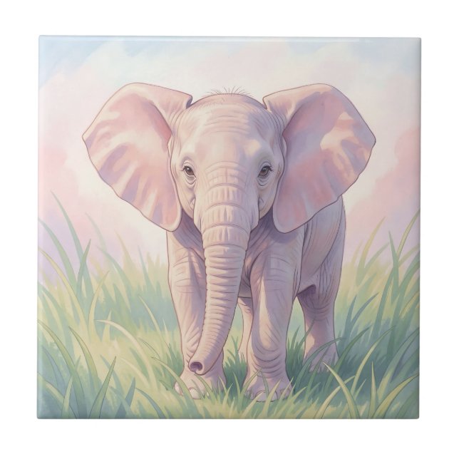 Azulejo Bello elefante bebé en prado pastel (Frente)