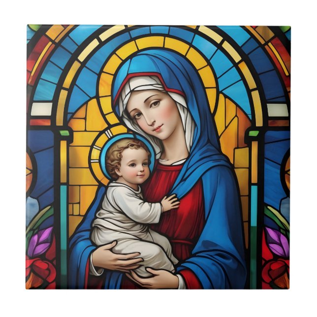Azulejo Bendita Madre María y Niño Jesús - Virgen María (Frente)
