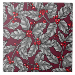 Azulejo Berry holly, hojas grises en rojo oscuro