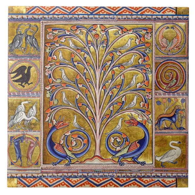 AZULEJO BESTIARIO MEDIEVAL, AVES EN ÁRBOL DE VIDA, DRAGONE (Frente)