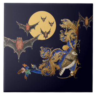 AZULEJO BESTIARIO MEDIEVAL EXTRAÑO,AVE,MURCIÉLAGOS EN AZUL