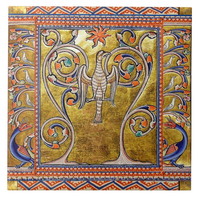 AZULEJO BESTIARIO MEDIEVAL, FOENIX EN ÁRBOL DE LA VIDA, DR (Frente)
