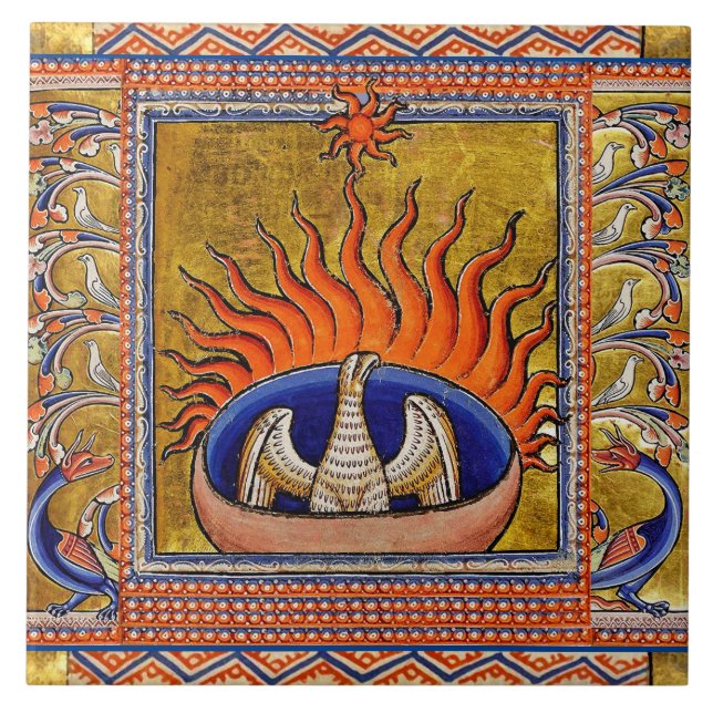 AZULEJO BESTIARIO MEDIEVAL, FOENIX EN LLAMAS ROJAS, ÁRBOL  (Frente)