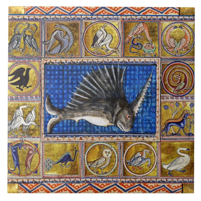 AZULEJO BESTIARIO MEDIEVAL, PESCADO UNICORN, ANIMALES FANT (Frente)