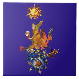 Azulejo BESTIARIO MEDIEVAL RARO,ALQUIMISTA,DRAGÓN ROJO,Azu