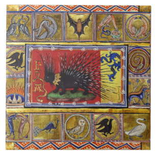 Azulejo BESTIARIO MEDIEVAL, REY ERIZO NEGRO y ANIMALES 
