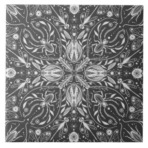 Azulejo Bichos, blanco sobre negro