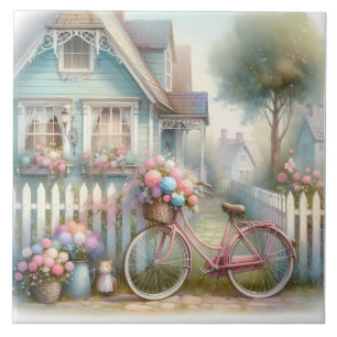 Azulejo Bici de Flor Rosa en la Puerta de la Cabaña Azul