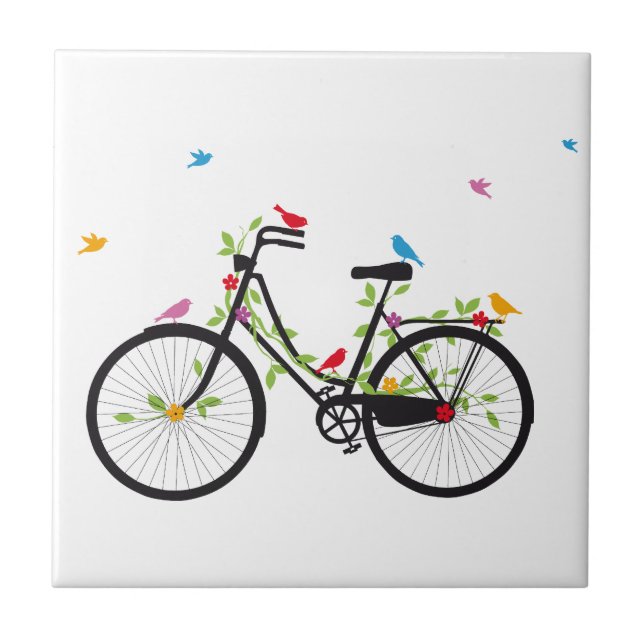Azulejo Bicicleta vintage con flores y aves (Frente)