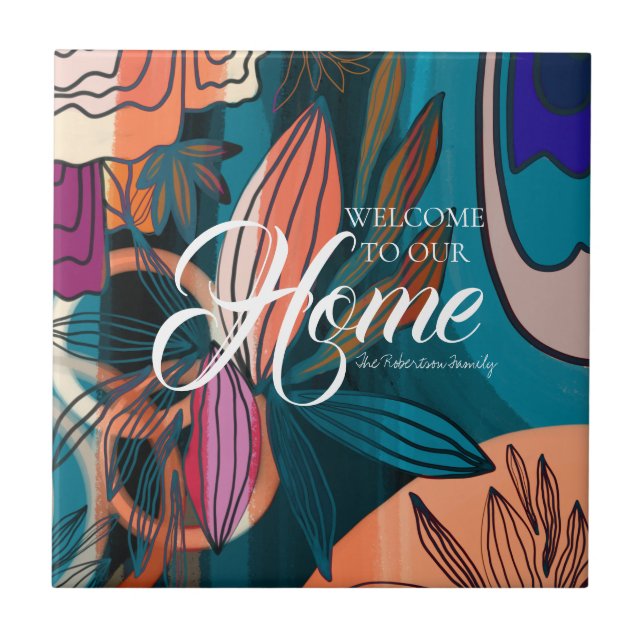 Azulejo Bienvenida a las hojas botánicas de la marina rosa (Frente)