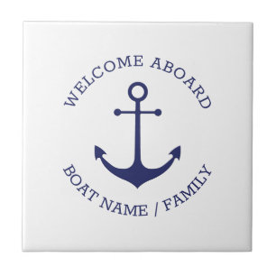Azulejo Bienvenida personalizado Aboard ancla náutica azul