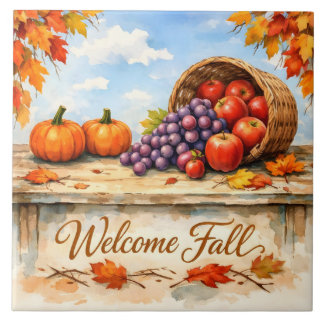 Azulejo Bienvenido Otoño Cesta de Frutas de Acuarela y Cal